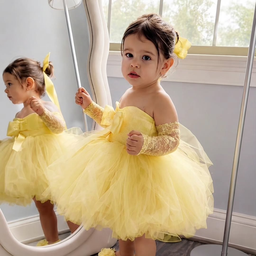 Embroidery Yellow Dress - Robe de princesse jaune pour filles,
