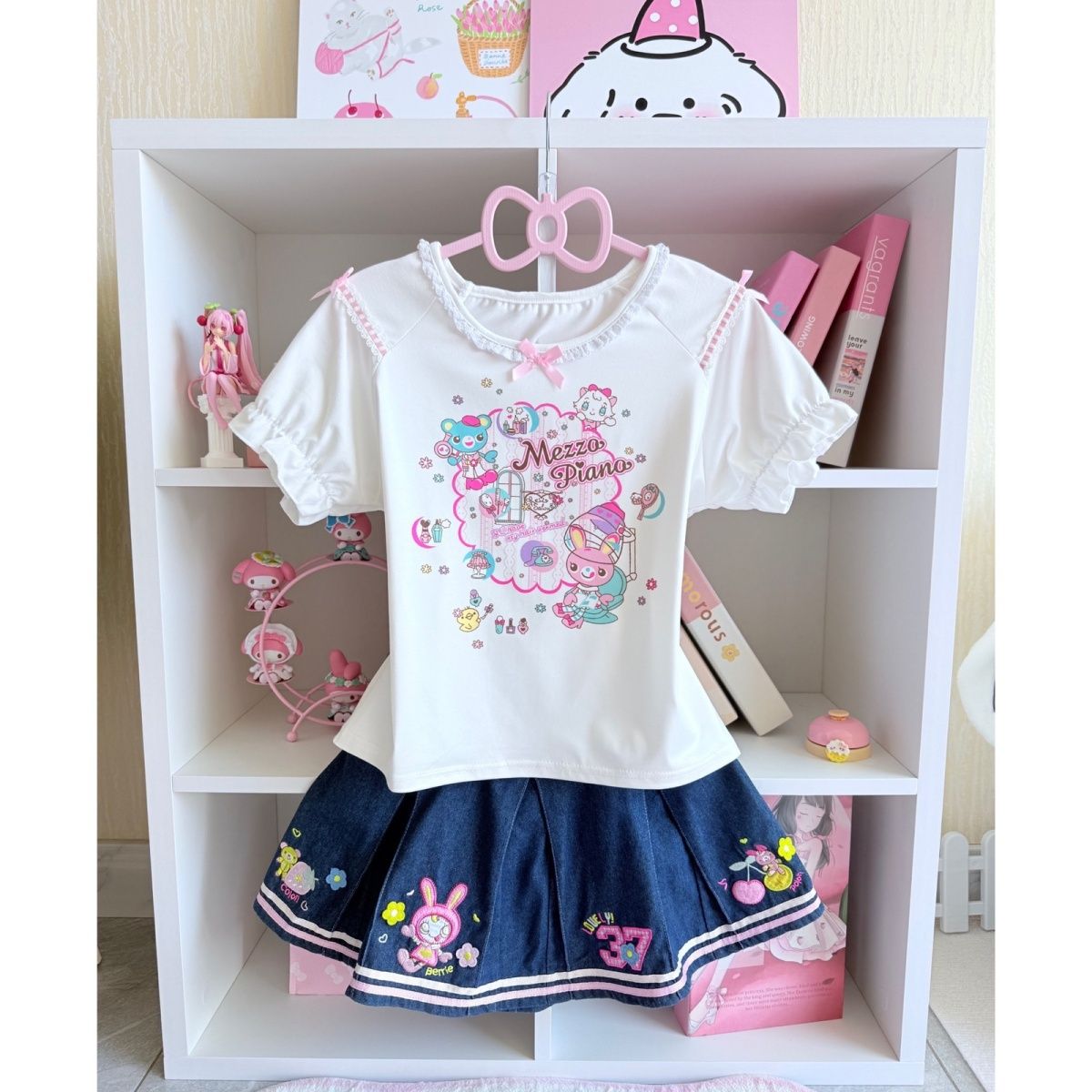 Embroidery Cotton Shirt - Ensemble jupe douce japonaise, T-shirt à