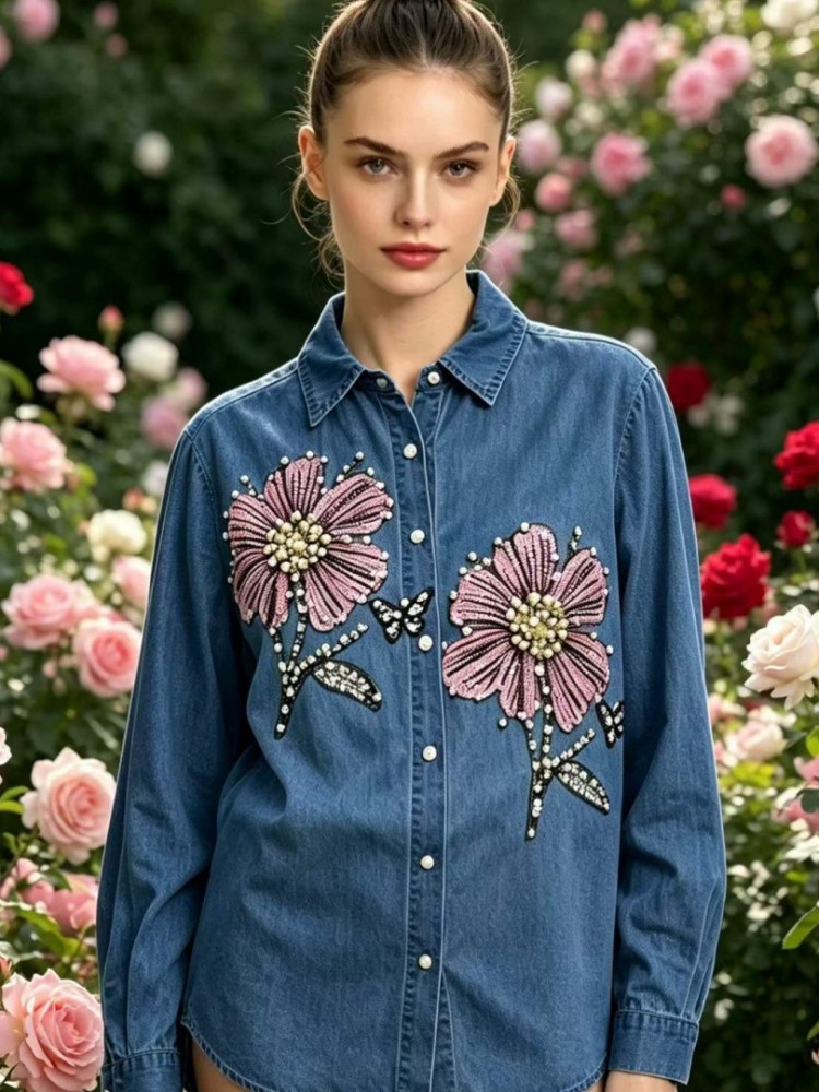 Chemisier en jean brodé pour f - Embroidery Cotton Shirt avis et prix
